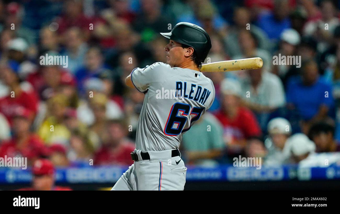 Miami Marlins' JJ Bleday plays during the fourth inning of a baseball game,  Tuesday, Aug. 9, 2022, in Philadelphia. (AP Photo/Matt Rourke Stock Photo -  Alamy