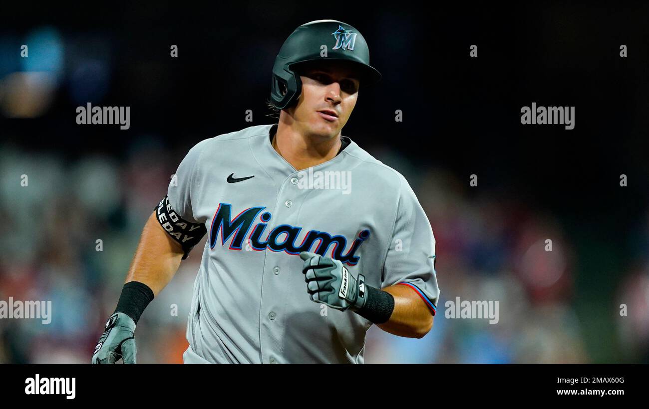 Miami Marlins' JJ Bleday plays during the fourth inning of a baseball game,  Tuesday, Aug. 9, 2022, in Philadelphia. (AP Photo/Matt Rourke Stock Photo -  Alamy