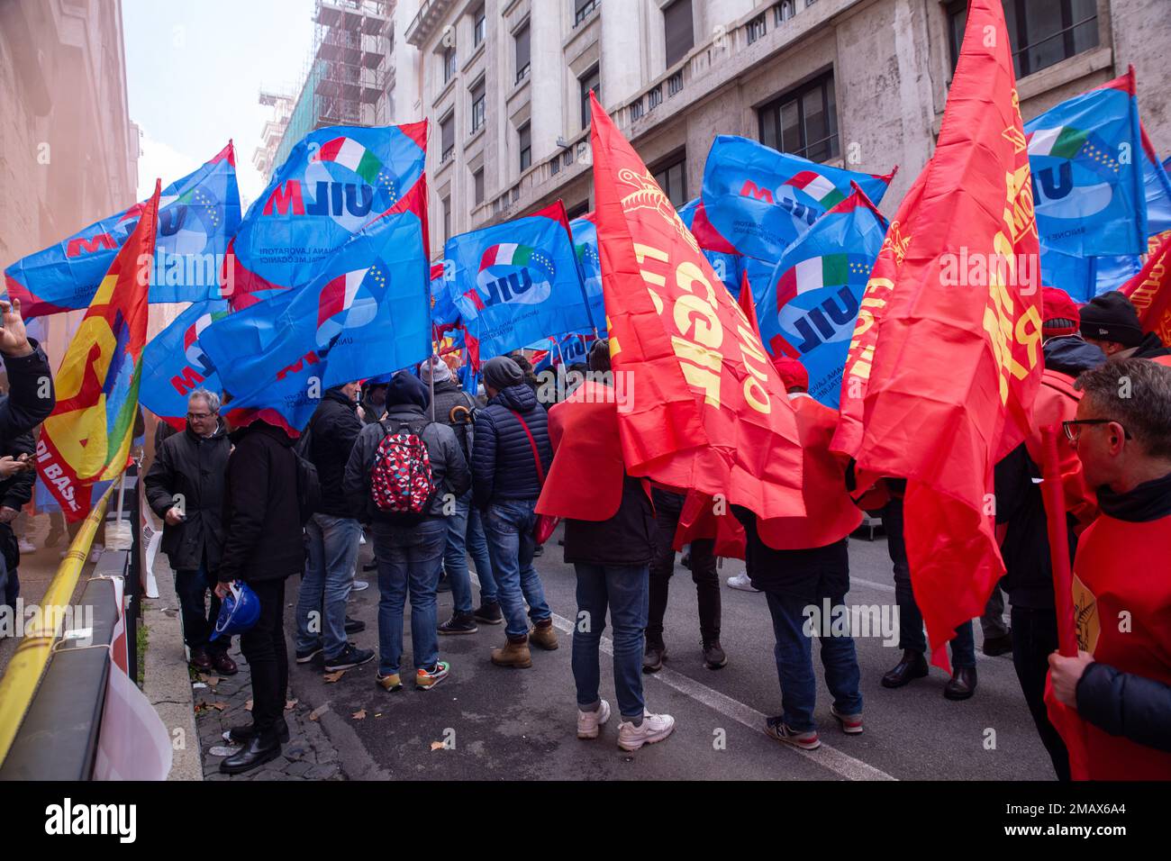 Rome, Italy. 19th Jan, 2023. Demonstration in Rome in front of headquarters  of Ministry of Enterprise and Made in Italy organized by workers of the  former ILVA factories in Taranto. (Credit Image: ©