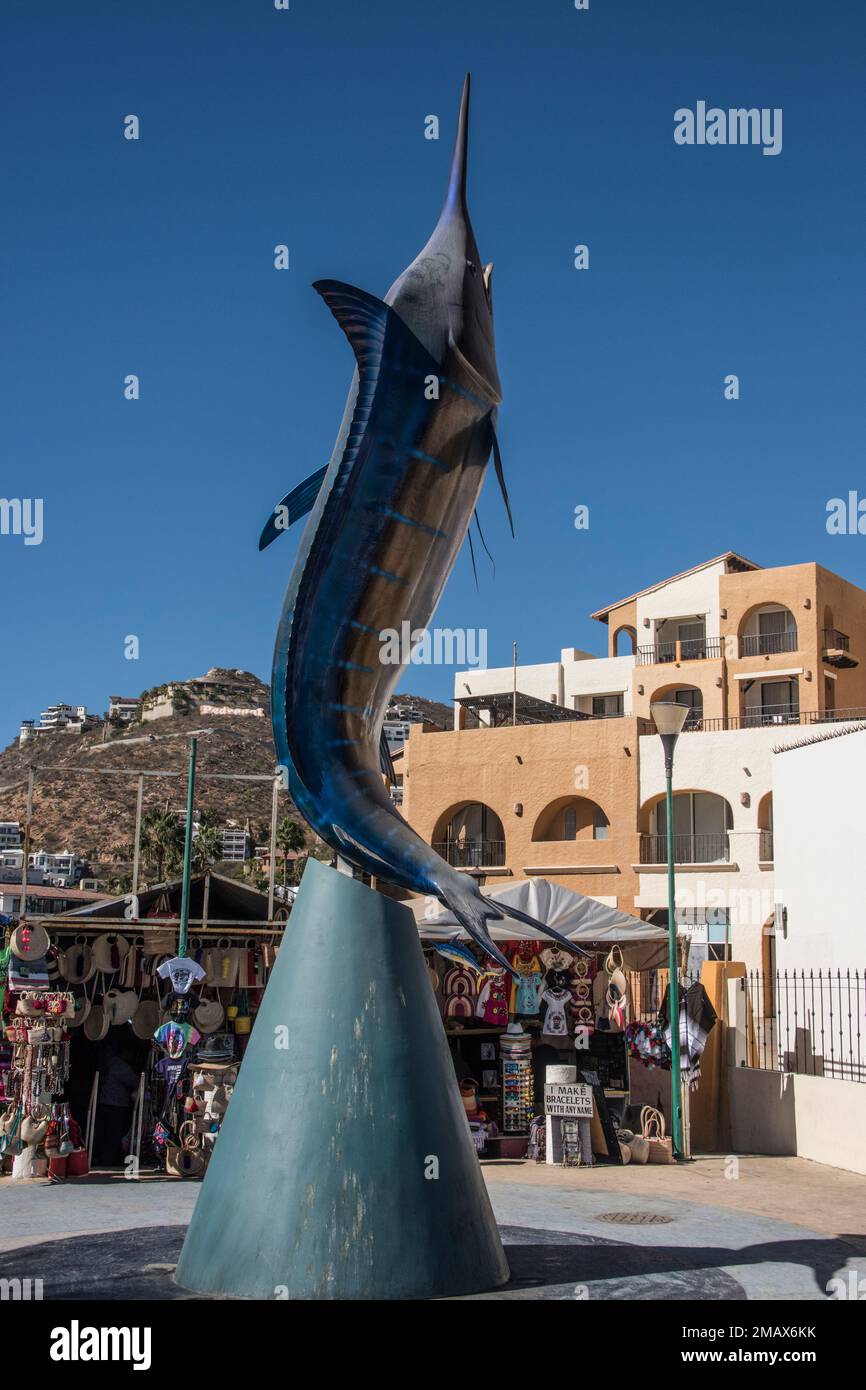 A statue of a swordfish or marlin adorns the main plaza of the harbor of Cabo San Lucas, Mexican Riviera, Mexico Stock Photo