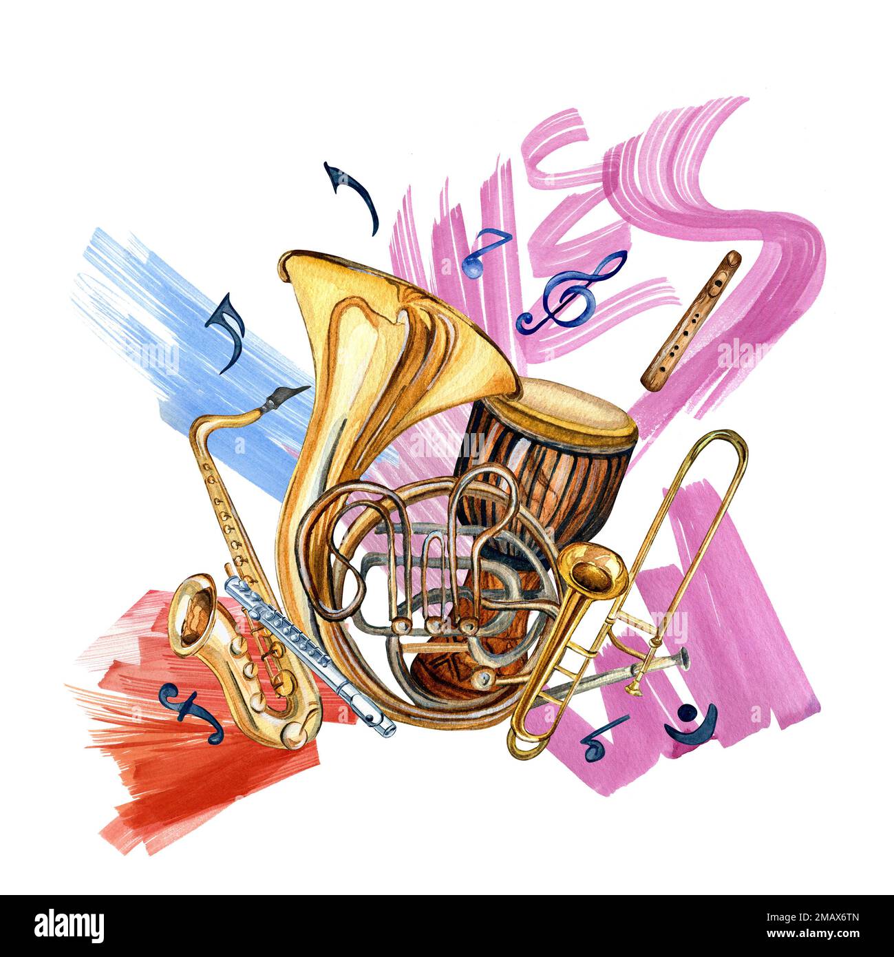 Wind musical instruments, symbol and paint stroke watercolor illustration isolated. Djembe, horn, flute, tuba, saxophone hand drawn. Design element fo Stock Photo
