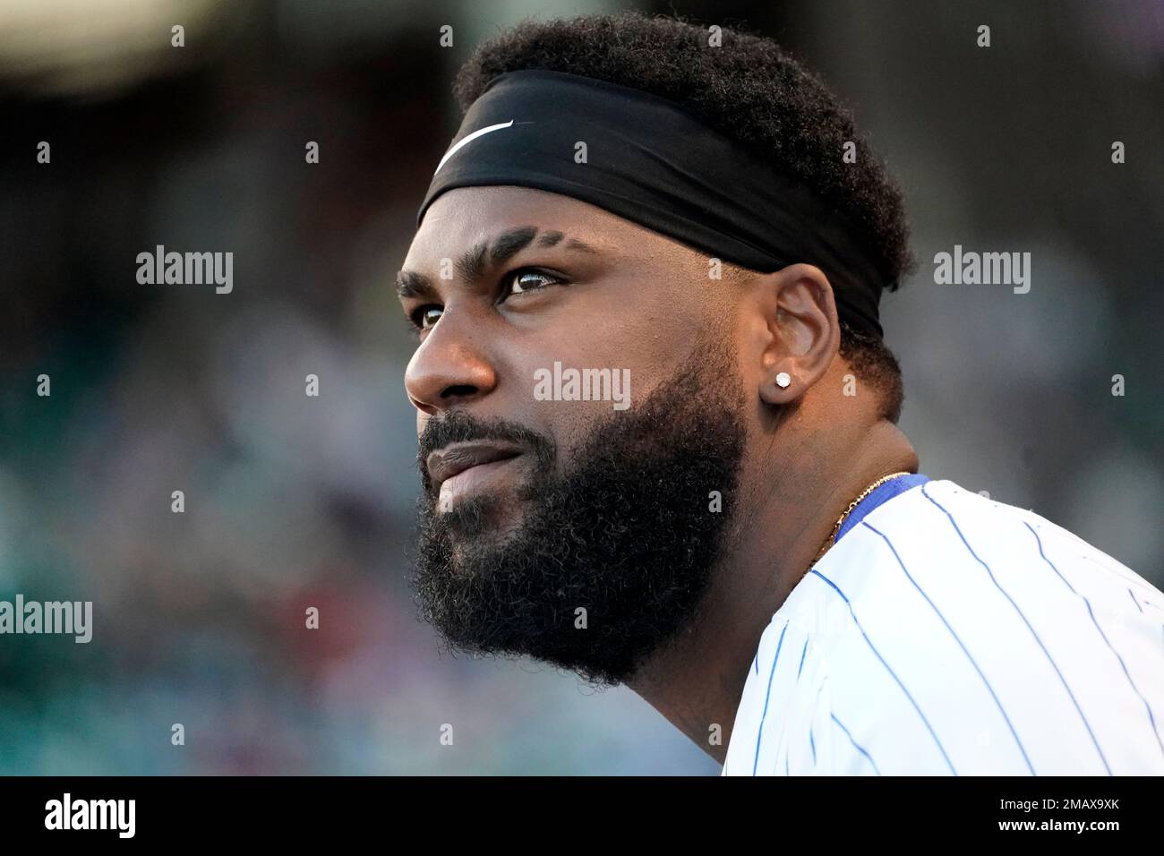 Chicago Cubs' Franmil Reyes looks out from the dugout before a