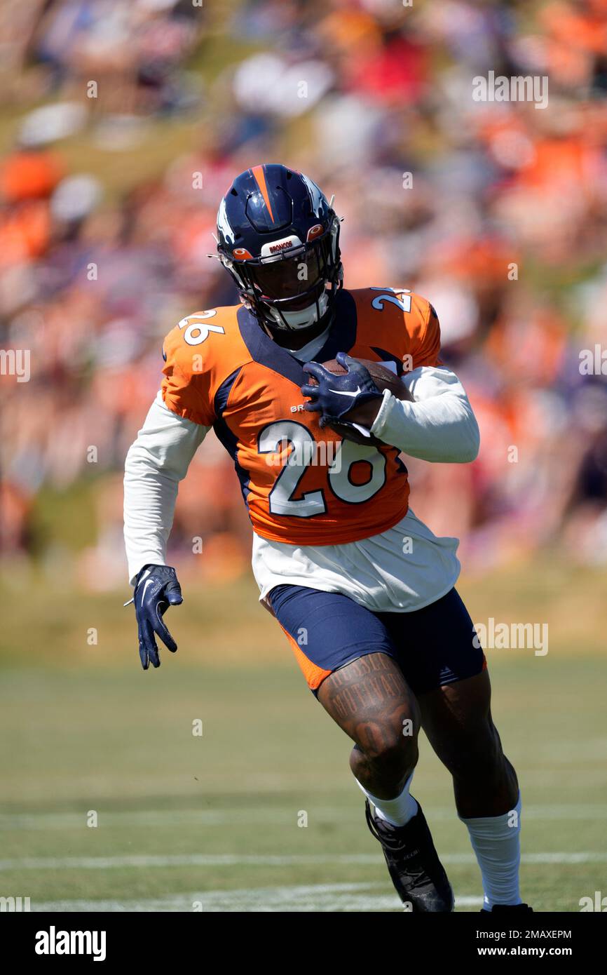 Denver Broncos running back Mike Boone (26) takes part in drills at an NFL  football training camp at team headquarters Friday, July 30, 2021, in  Englewood, Colo. (AP Photo/David Zalubowski Stock Photo - Alamy