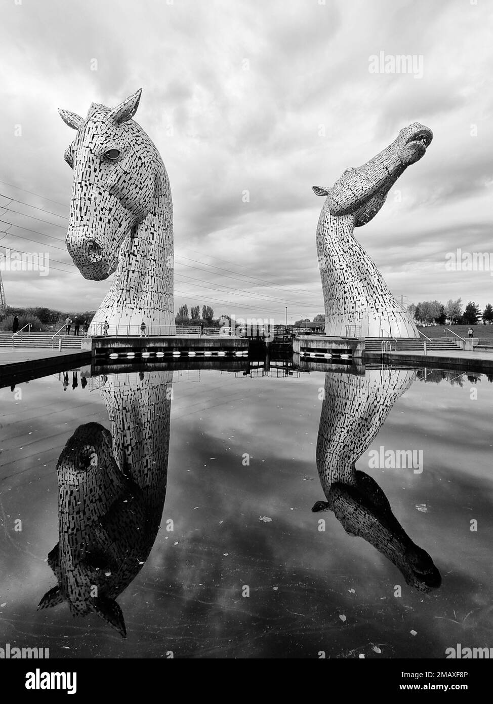 A grayscale of the Kelpies with reflection on the water surface Stock Photo