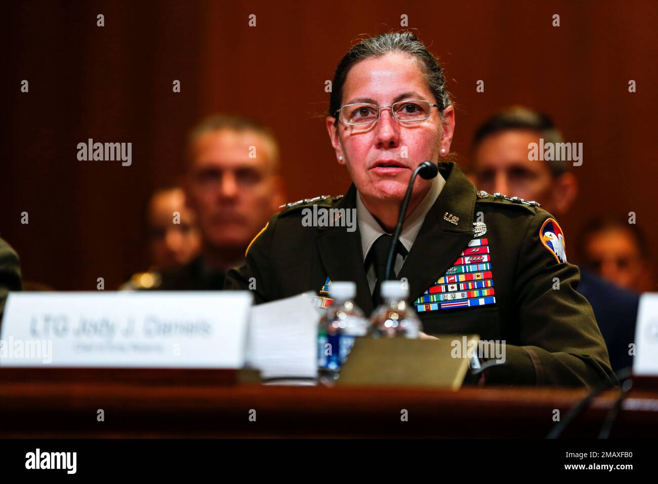 Army Lt. Gen. Jody J. Daniels, chief of Army Reserve and commanding general, U.S. Army Reserve Command, testifies before the Senate Appropriations Committee, Subcommittee on Defense (SAC-D), during the National Guard and Reserve posture hearing in the Dirksen Senate Office Building on Capitol Hill in Washington June 7, 2022. Stock Photo