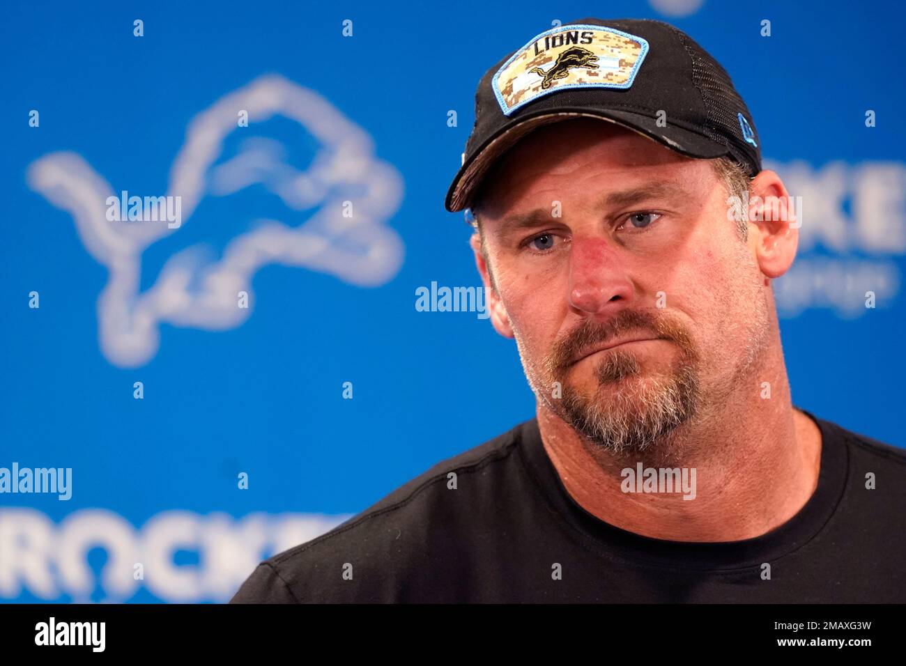 Detroit Lions head coach Dan Campbell addresses the media before drills at the Lions NFL