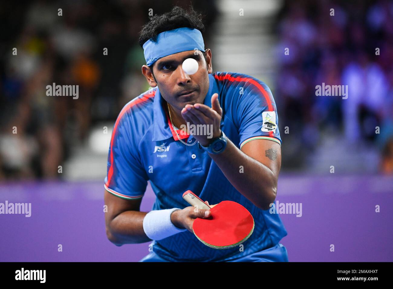 Sharath Kamal Achanta of India serves to Liam Pitchford of England in the mens singles table tennis gold medal match at the Commonwealth Games in Birmingham in Birmingham, England, Monday, Aug