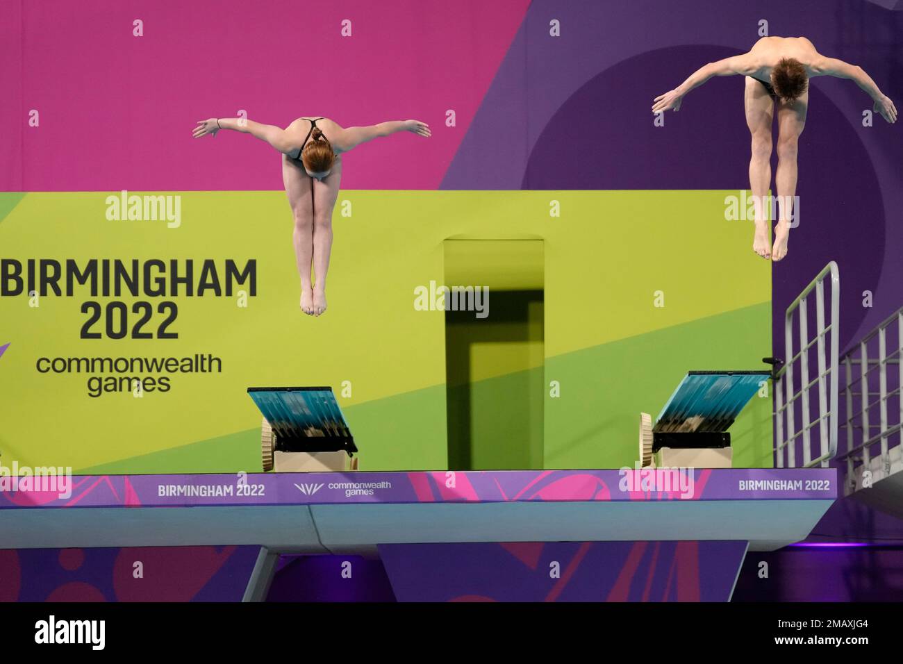 New Zealand's John Tavener, right, and Maggie Squire perform during the Mixed Synchronised 3m
