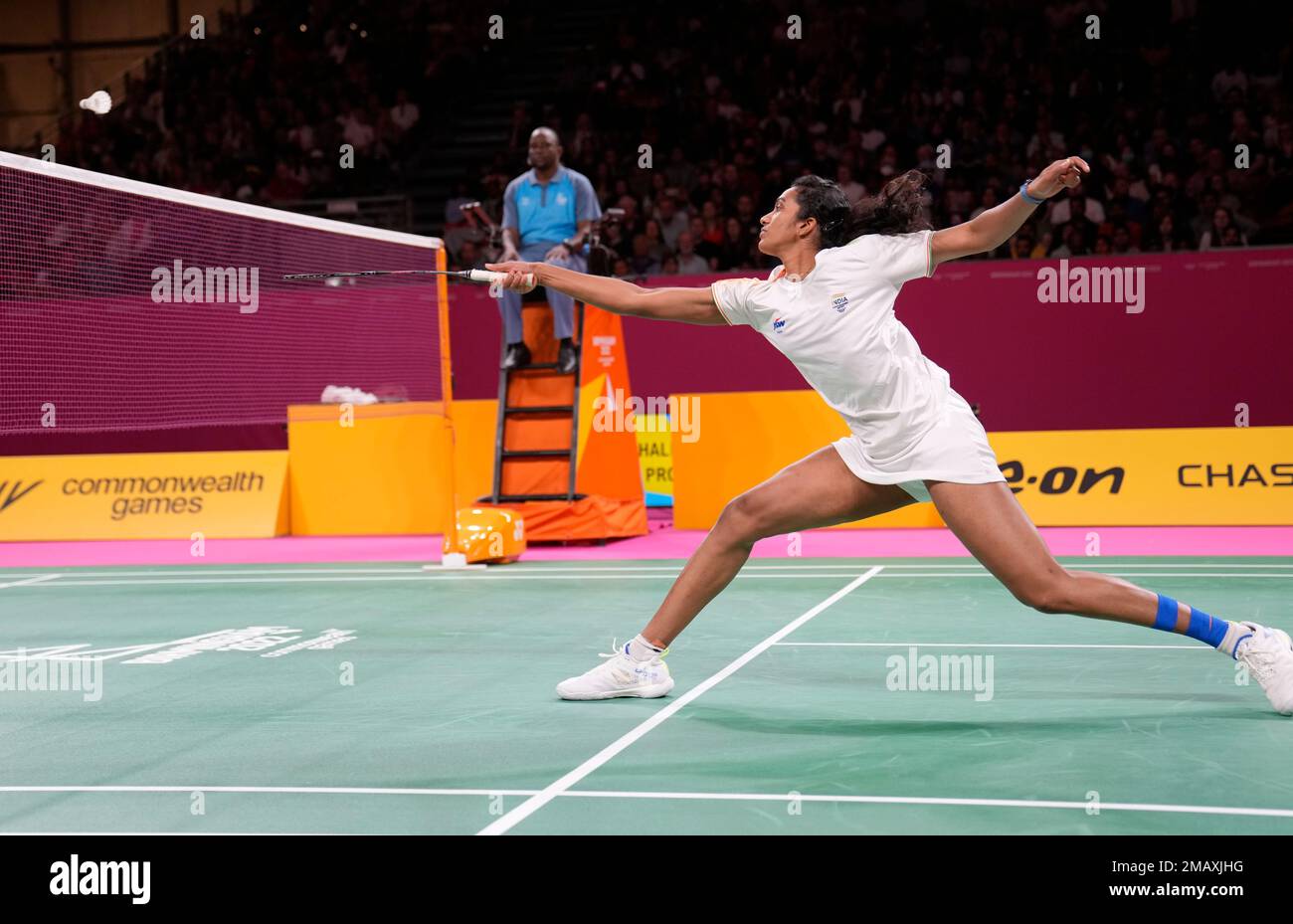 Indias Venkata Sindhu Pusarla plays a return to Canadas Michelle Li during their Womens single gold medal badminton match at the Commonwealth Games in Birmingham, England, Monday, Aug