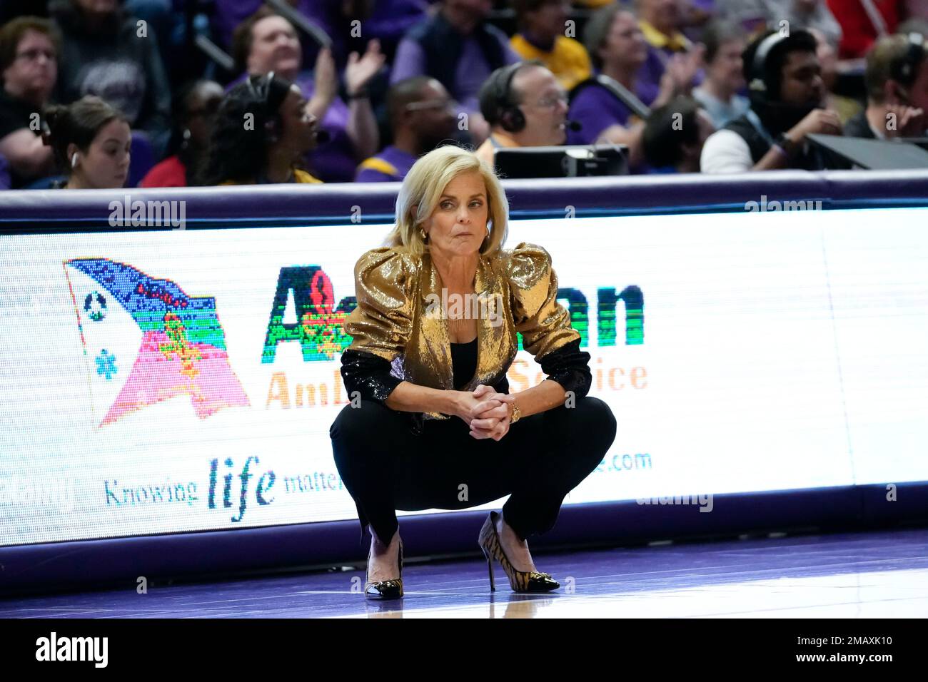 LSU head coach Kim Mulkey watches from the bench in the first half an