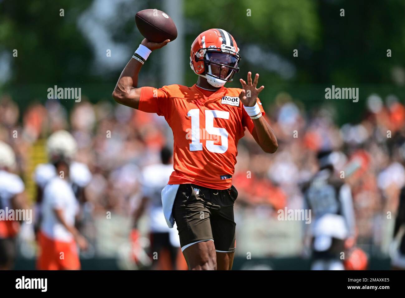 Cleveland Browns quarterback Joshua Dobbs (15) looks to hand off the ball  during an NFL pre-season football game against the Cleveland Browns,  Friday, Aug. 11, 2023, in Cleveland. (AP Photo/Kirk Irwin Stock