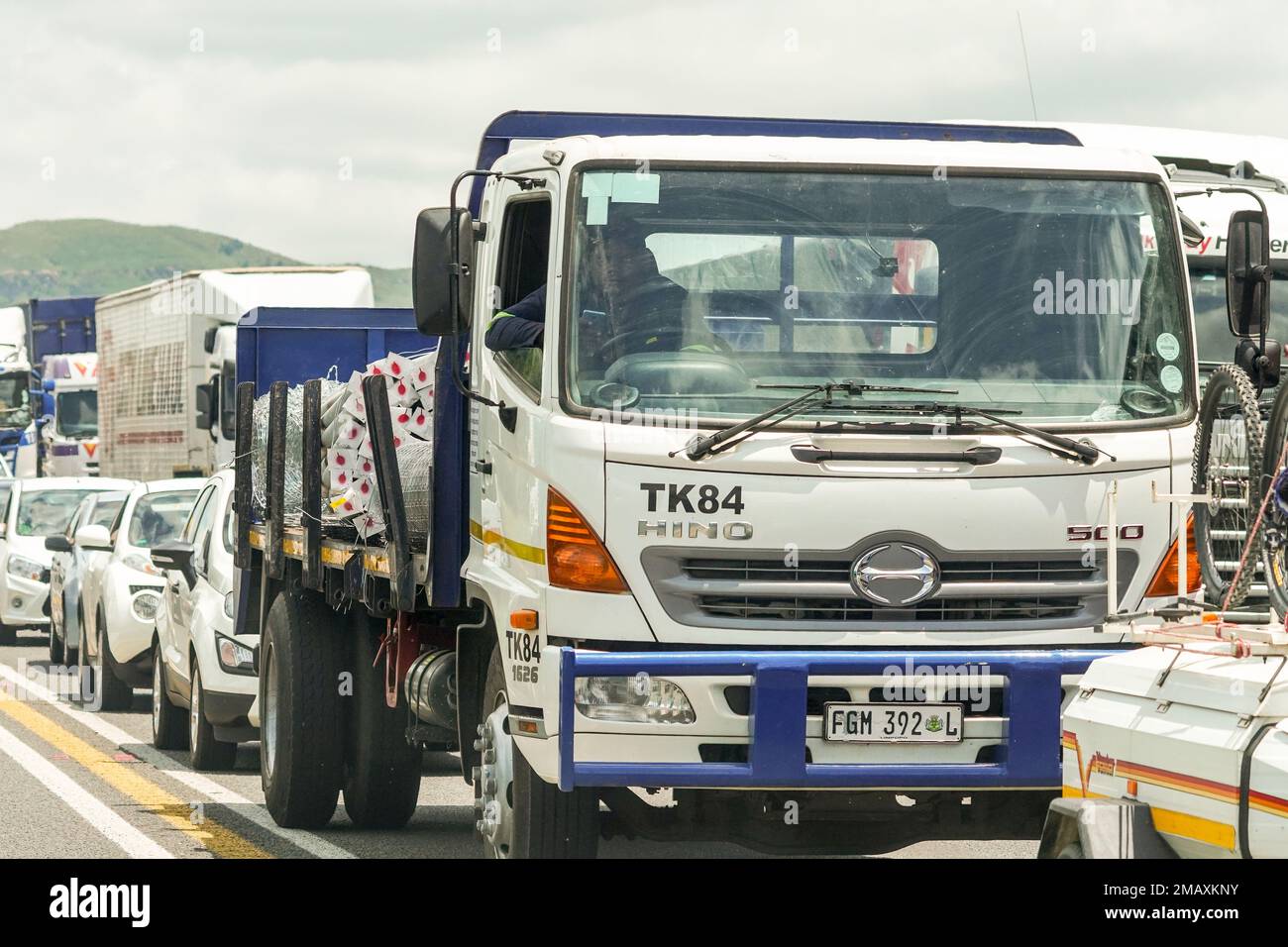 truck from Lesotho stuck in a traffic jam on the N3 highway or national road which is a busy road between Kwazulu Natal and Gauteng in South Africa Stock Photo