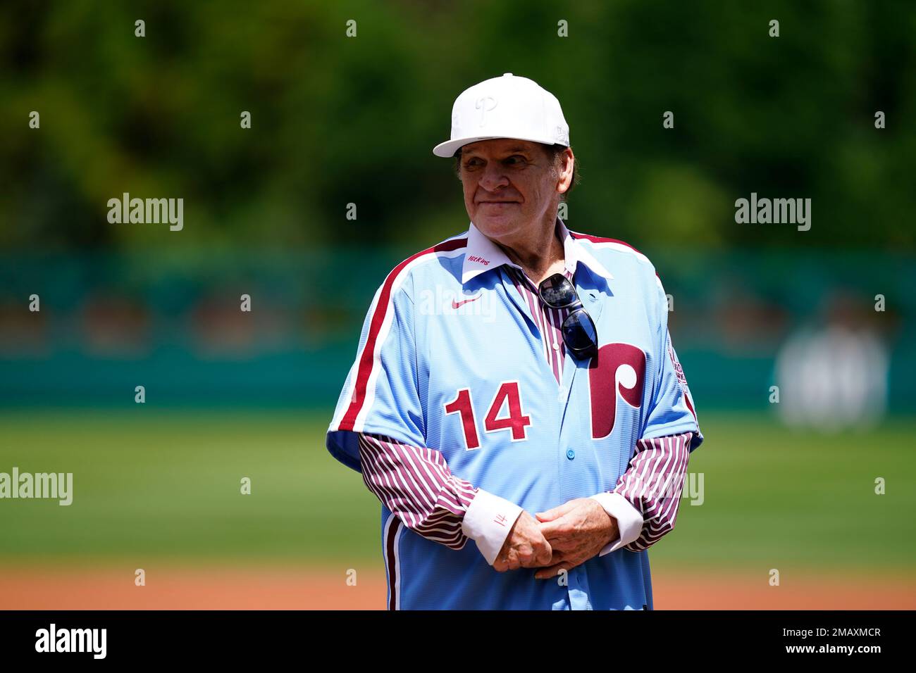 Former Philadelphia Phillies player Pete Rose during an alumni day event  before a baseball game between the Phillies and the Washington Nationals,  Sunday, Aug. 7, 2022, in Philadelphia. (AP Photo/Matt Rourke Stock