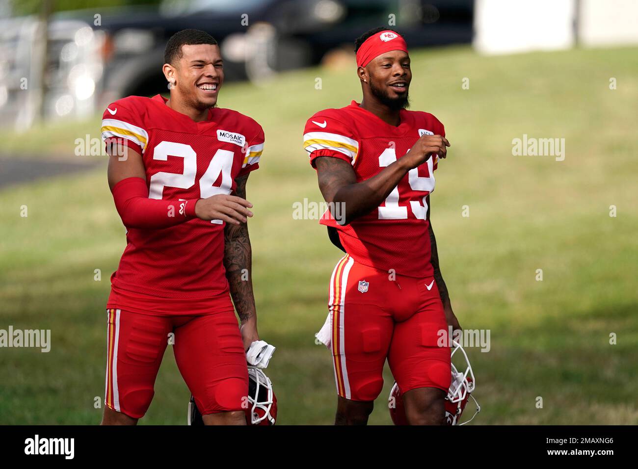 Kansas City Chiefs wide receivers Skyy Moore (24) and Corey Coleman (19)  arrive at NFL football training camp Sunday, Aug. 7, 2022, in St. Joseph,  Mo. (AP Photo/Charlie Riedel Stock Photo - Alamy