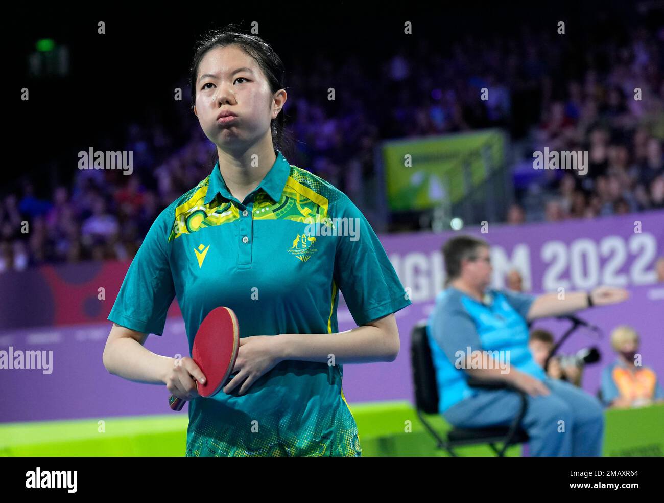 Australias Yangzi Liu reacts after winning a match during the womens bronze medal table tennis match against Indias Sreeja Akula at the Commonwealth Games in Birmingham, England, Sunday, Aug