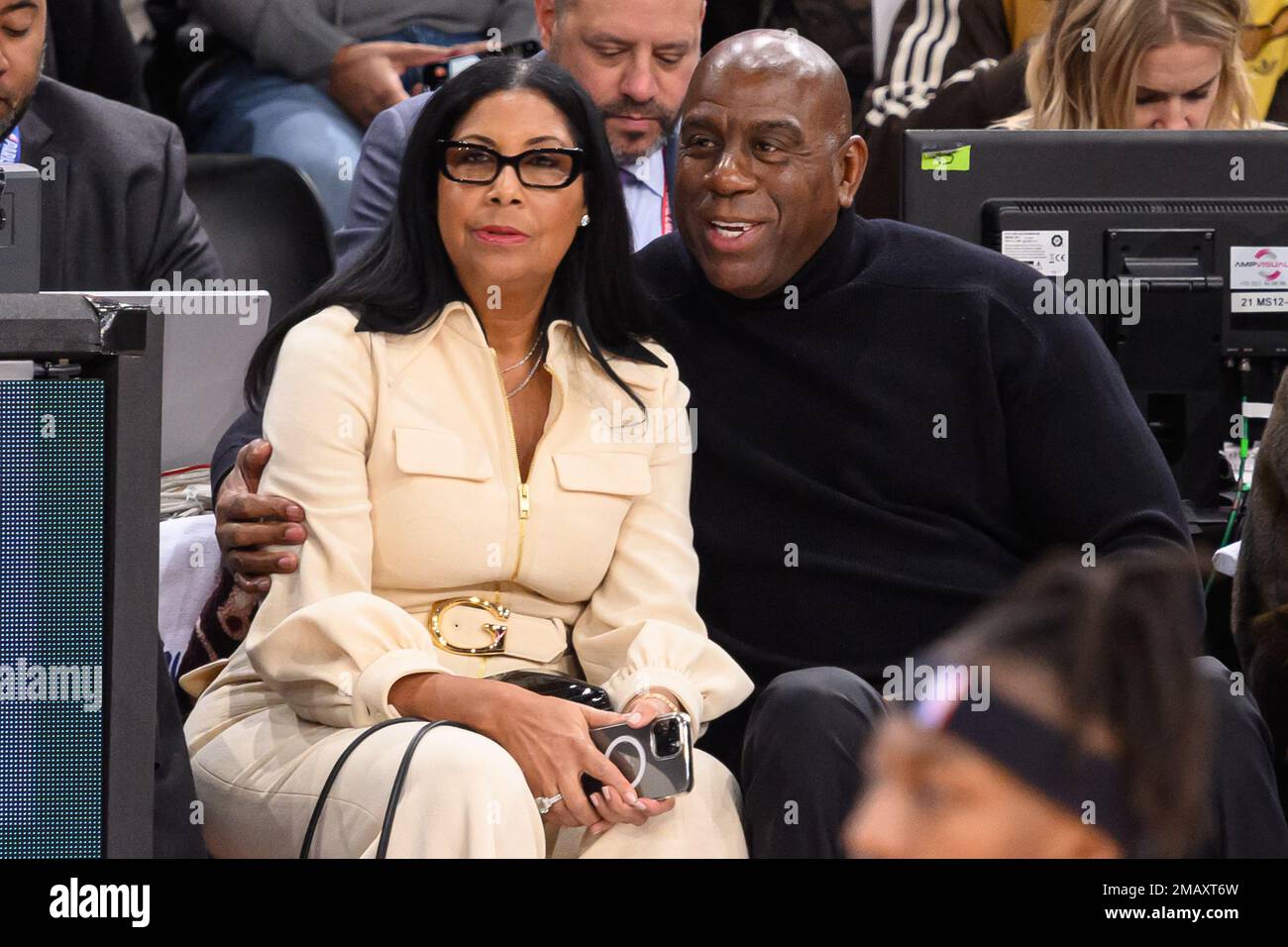 Magic Johnson and his wife Cookie Johnson attend the NBA Paris Game 2023 match between Detroit