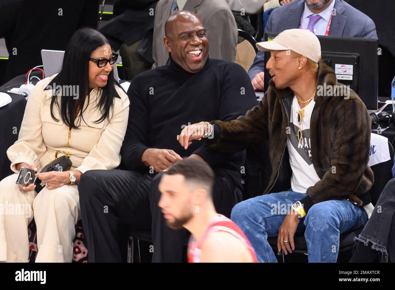 Pharrell Williams and his wife Helen Lasichanh attend the NBA Paris Game  2023 match between Detroit Pistons and Chicago Bulls at AccorHotels Arena  on January 19, 2023 in Paris, France. Photo by