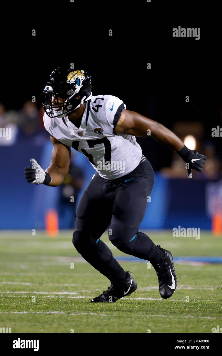 Jacksonville Jaguars defensive end De'Shaan Dixon (47) runs off of the line  of scrimmage during an NFL preseason football game against the Las Vegas  Raiders, Thursday, Aug. 4, 2022, in Canton, Ohio. (