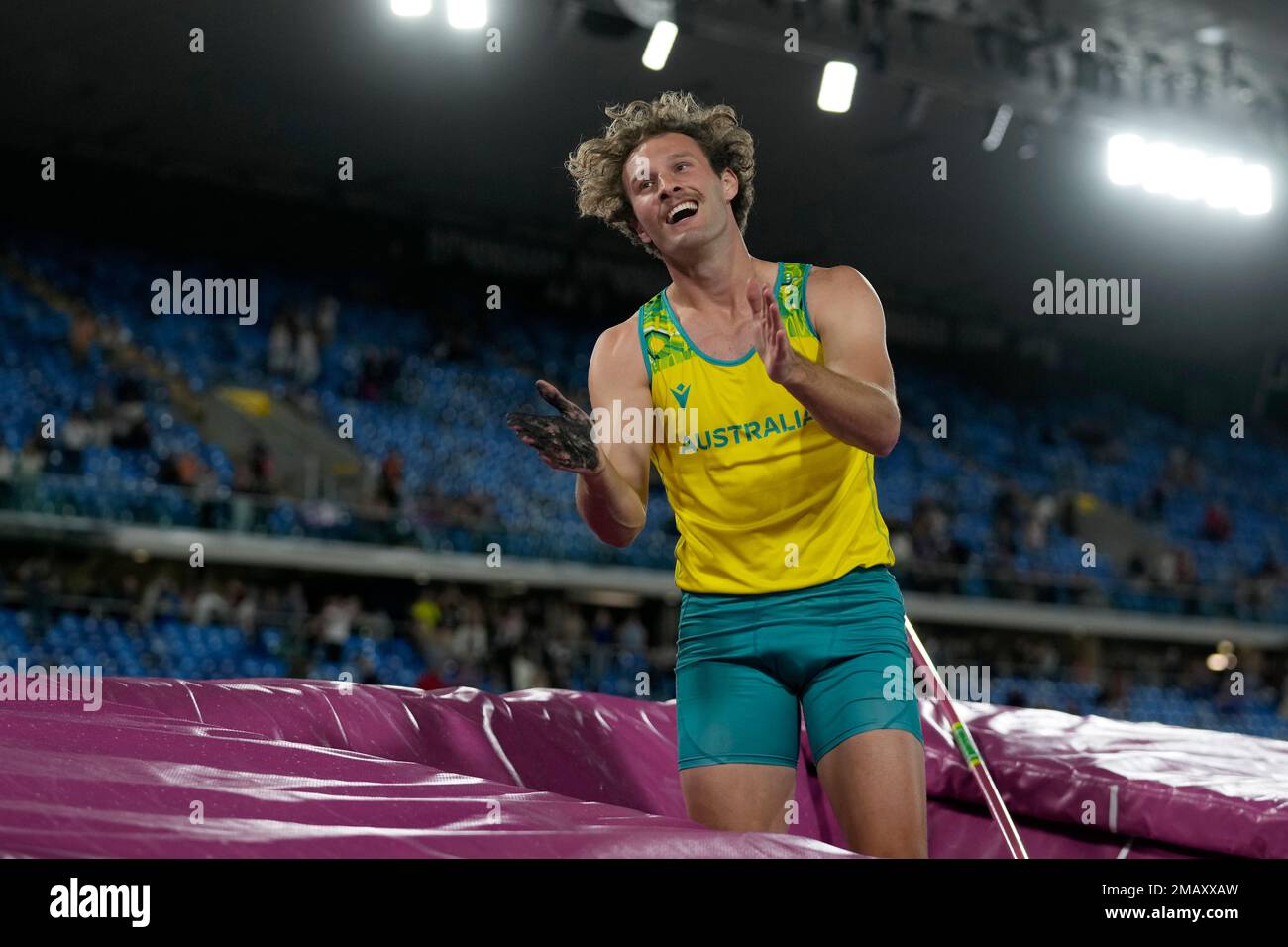 Kurtis Marschall of Australia celebrates after winning the gold medal in  the Men's pole vault final during the athletics competition in the  Alexander Stadium at the Commonwealth Games in Birmingham, England,  Saturday,
