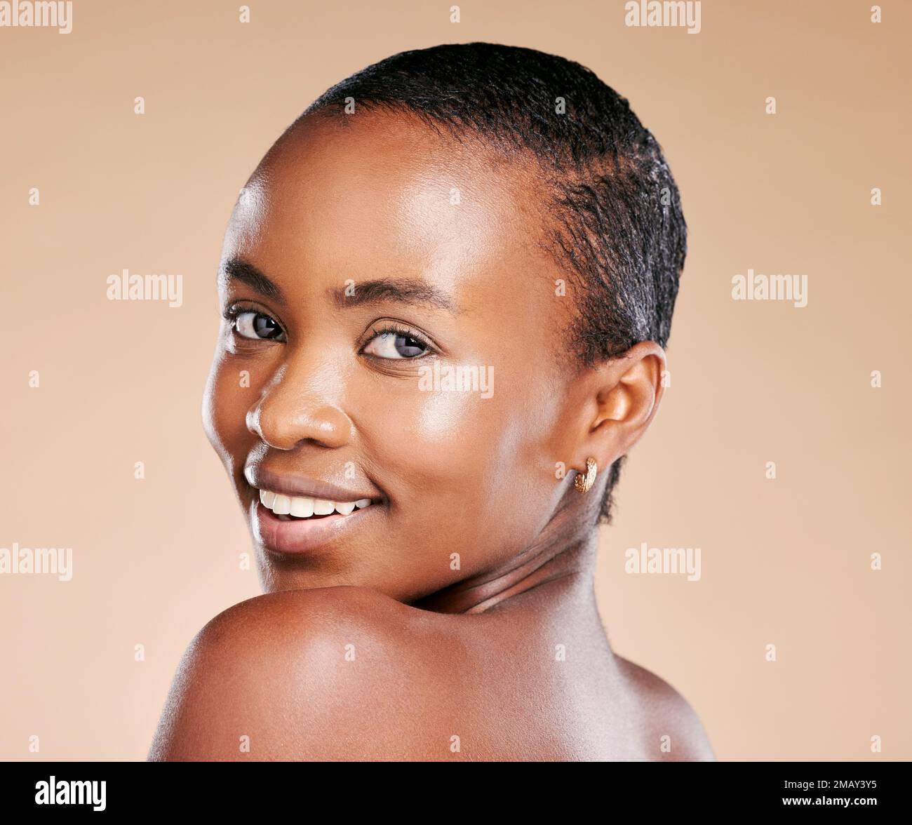 Black woman, model and skincare portrait with smile, healthy cosmetic