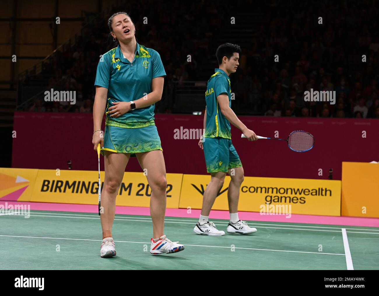 Australias Ying Xiang Lin and Gronya Somerville react during the Badminton Mixed Doubles game against Malaysias Meng Kian Tan and Jing Pel Lai at the Commonwealth Games in Birmingham, England, Friday, Aug.