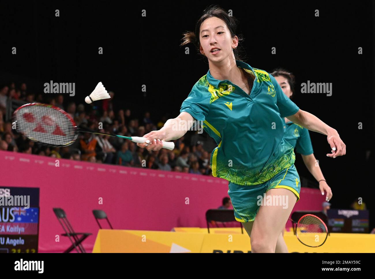 Australias Kaitlyn Ea, left, and Australias Angela Yug during the Badminton Womens Doubles Round game against Singapores Yujia Jin and and Singapores Jia Ying Crystal Wong at the Commonwealth Games in Birmingham,