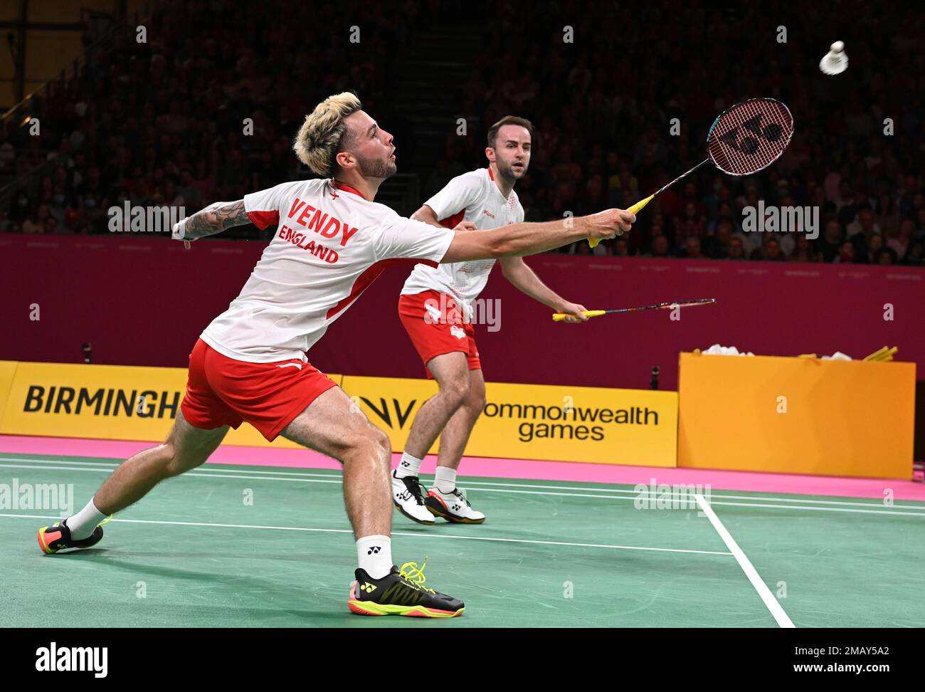 Englands Sean Vendy and Ben Lane, right, compete during the Badminton Mens Doubles Round game against Canadas Adam Dong and Nyl Kiyoshi Yakura at the Commonwealth Games in Birmingham, England, Friday, Aug.