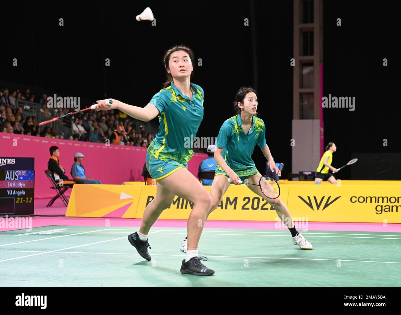 Australias Kaitlyn Ea, right, and Australias Angela Yug during the Badminton Womens Doubles Round game against Singapores Yujia Jin and and Singapores Jia Ying Crystal Wong at the Commonwealth Games in Birmingham,