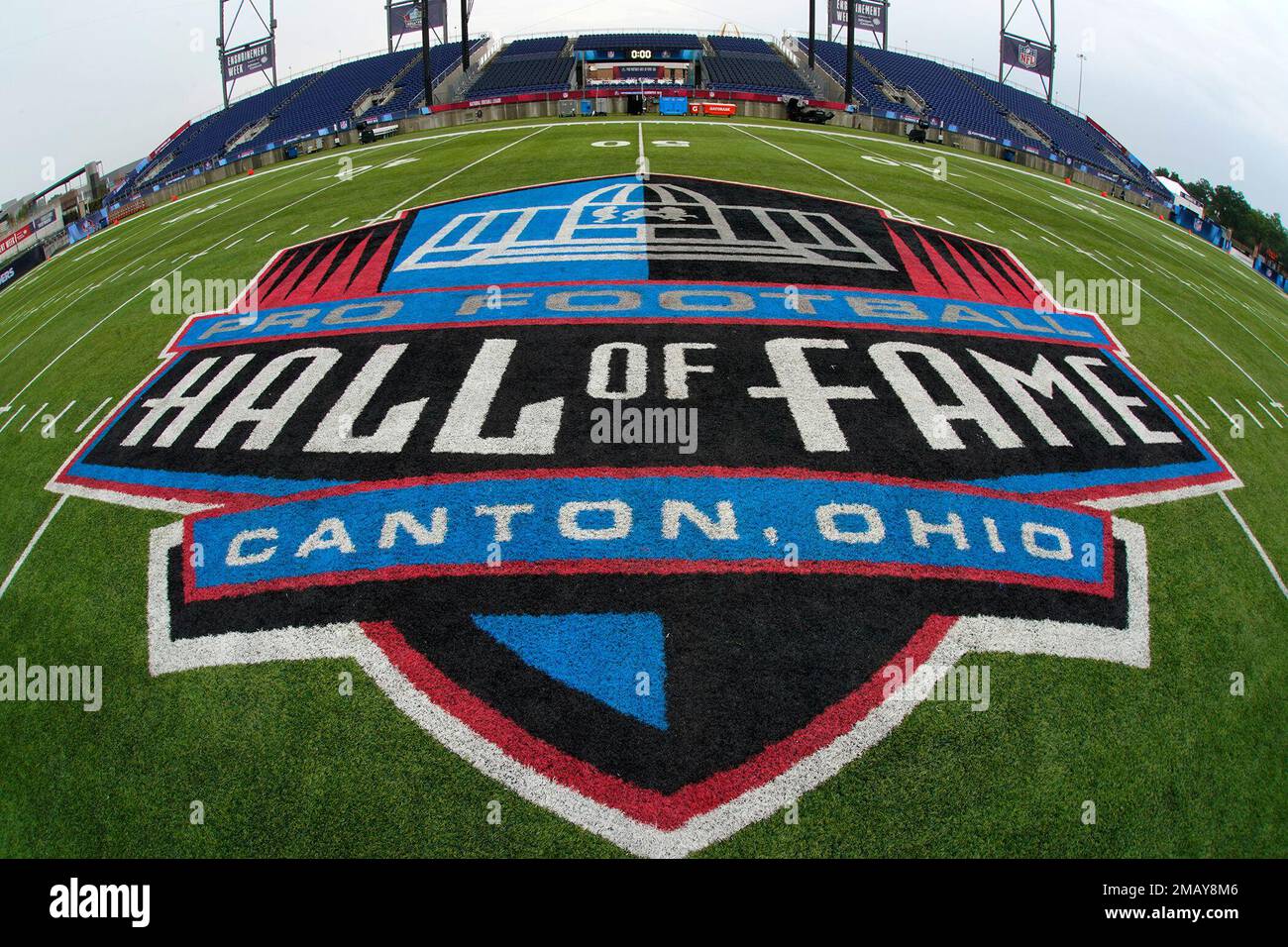 The Pro Football Hall of Fame logo is displayed on the 50yard line at