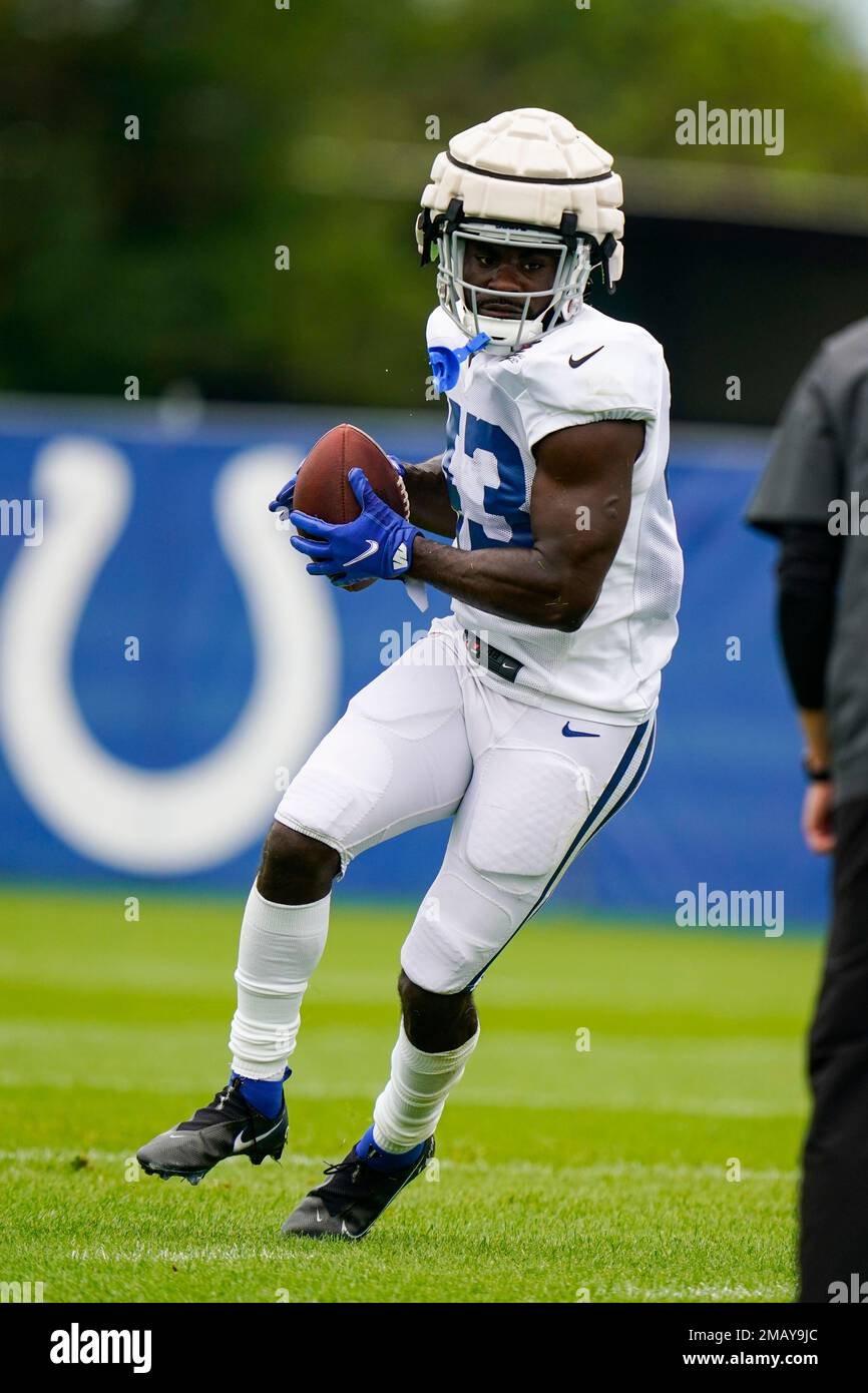 Indianapolis Colts safety Armani Watts (33) runs after a catch during  practice at the NFL team's football training camp in Westfield, Ind.,  Thursday, Aug. 4, 2022. (AP Photo/Michael Conroy Stock Photo - Alamy