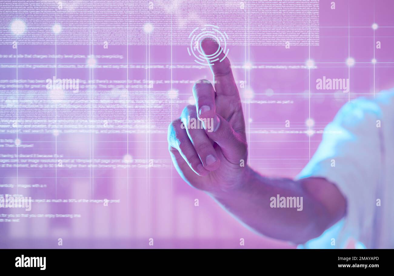 Hand, 3d futuristic and man in metaverse exploring a virtual world. Digital transformation, augmented reality and male touching and pressing ux button Stock Photo