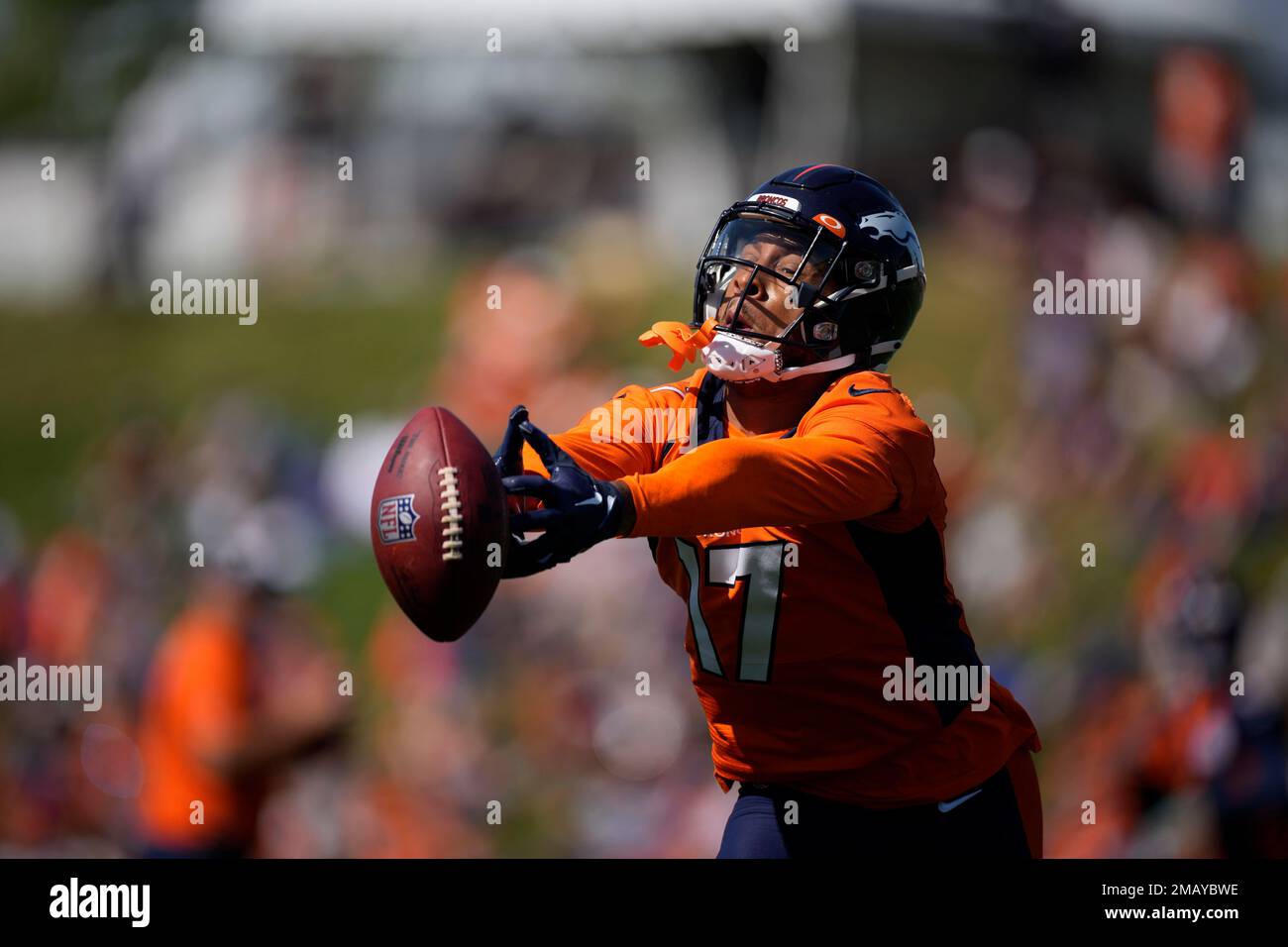 Denver Broncos wide receiver Jalen Virgil (17) takes part in drills