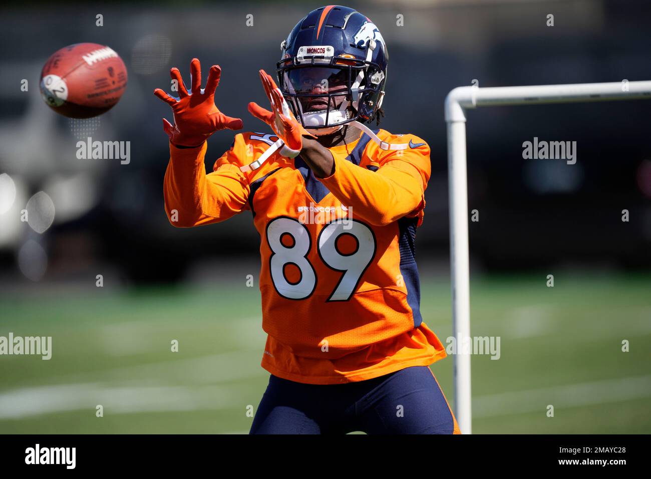 Denver Broncos wide receiver Brandon Johnson (89) takes part in drills  during the NFL football team's training camp Thursday, Aug. 4, 2022, at the  Broncos' headquarters in Centennial, Colo. (AP Photo/David Zalubowski