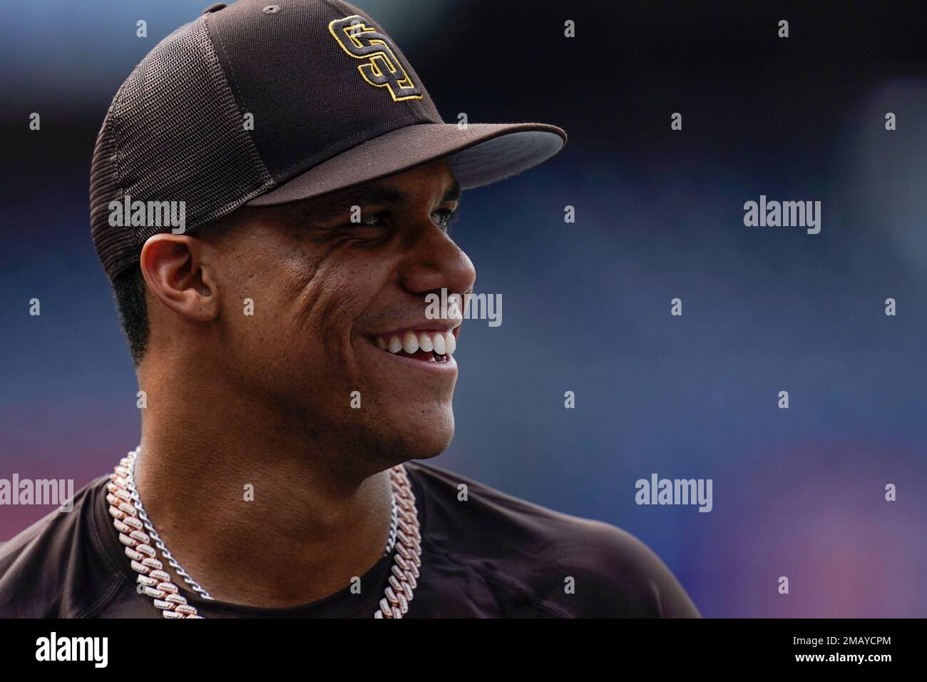 San Diego Padres right fielder Juan Soto smiles during batting practice ...