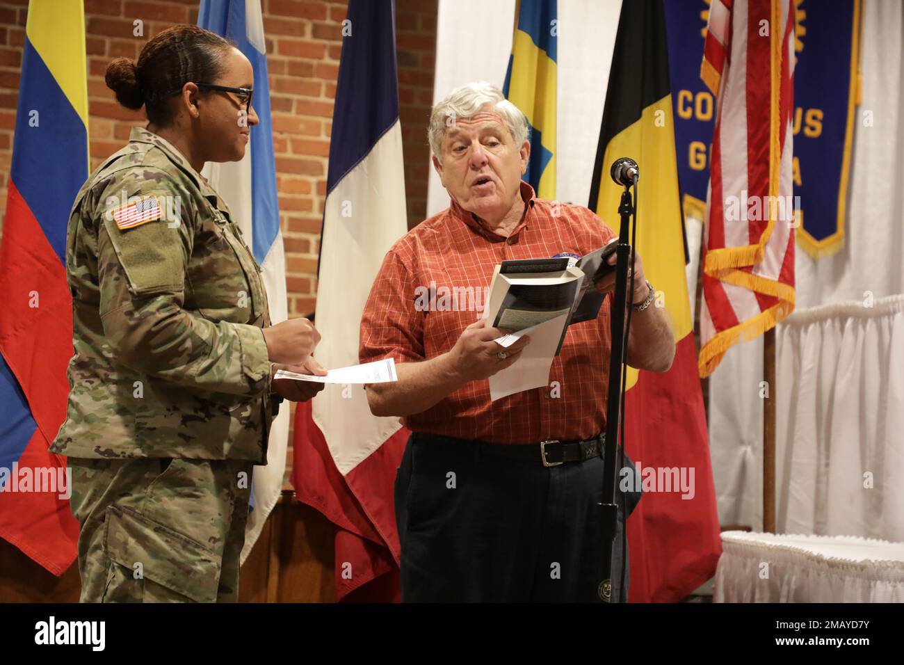 FORT BENNING, GA -- Today, the Rotary Club of Columbus, GA, recognized a Staff Sergeant from the Western Hemisphere Institute for Security Cooperation (WHINSEC) as their Soldier of the Week. Staff Sergeant Michelle Castillo Campusano was honored for his dedicated military service during their weekly meeting and luncheon at the Columbus, Georgia Convention & Trade Center downtown Columbus, Ga. Stock Photo