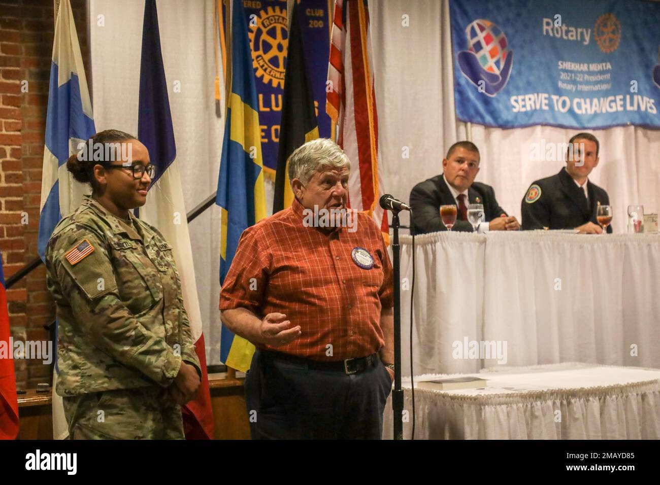 FORT BENNING, GA -- Today, the Rotary Club of Columbus, GA, recognized a Staff Sergeant from the Western Hemisphere Institute for Security Cooperation (WHINSEC) as their Soldier of the Week. Staff Sergeant Michelle Castillo Campusano was honored for his dedicated military service during their weekly meeting and luncheon at the Columbus, Georgia Convention & Trade Center downtown Columbus, Ga. Stock Photo