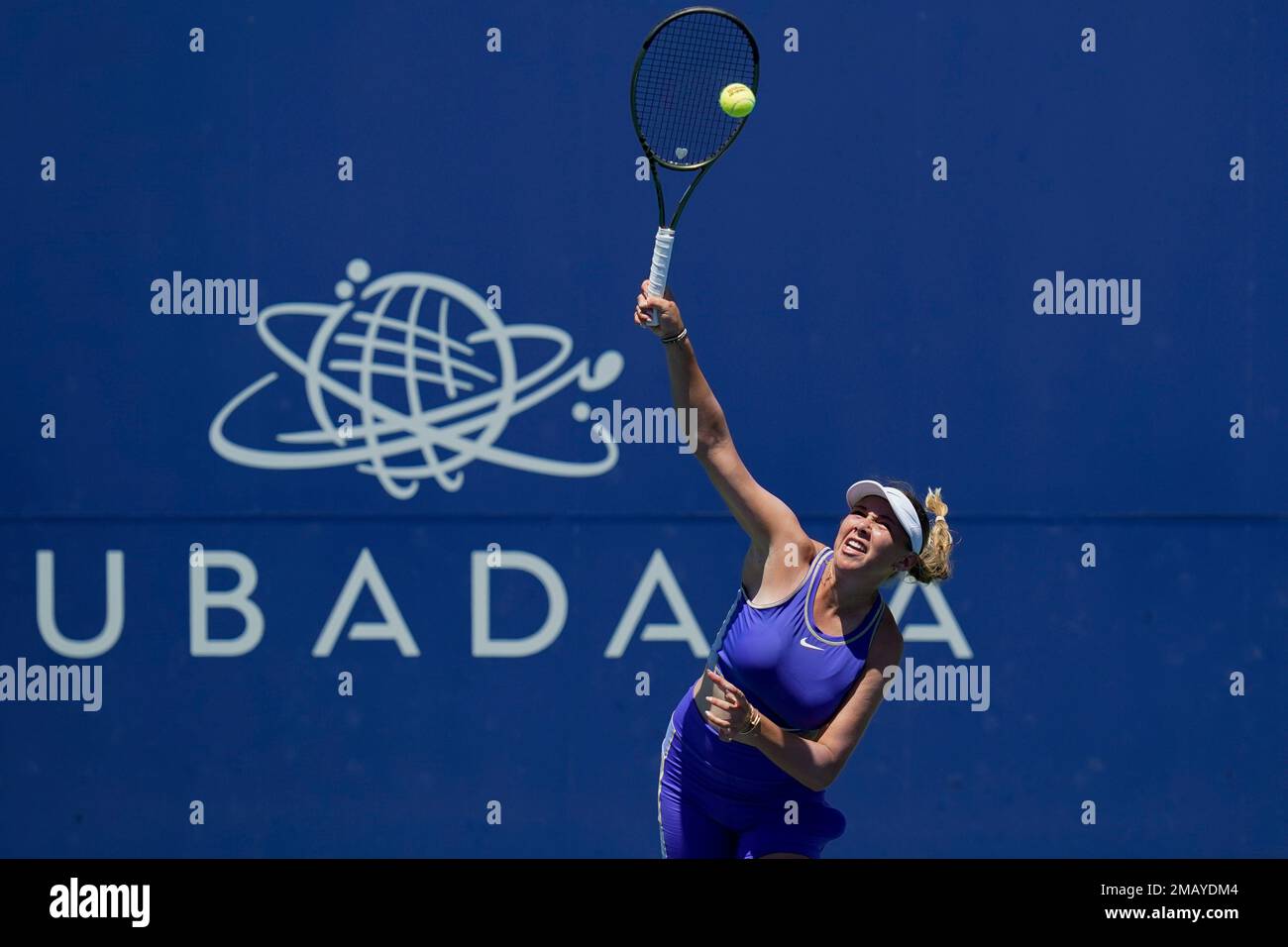Amanda Anisimova, of the United States, serves during a match against Karolina Pliskova, of the Czech Republic, at the Mubadala Silicon Valley Classic tennis tournament in San Jose, Calif., Wednesday, Aug