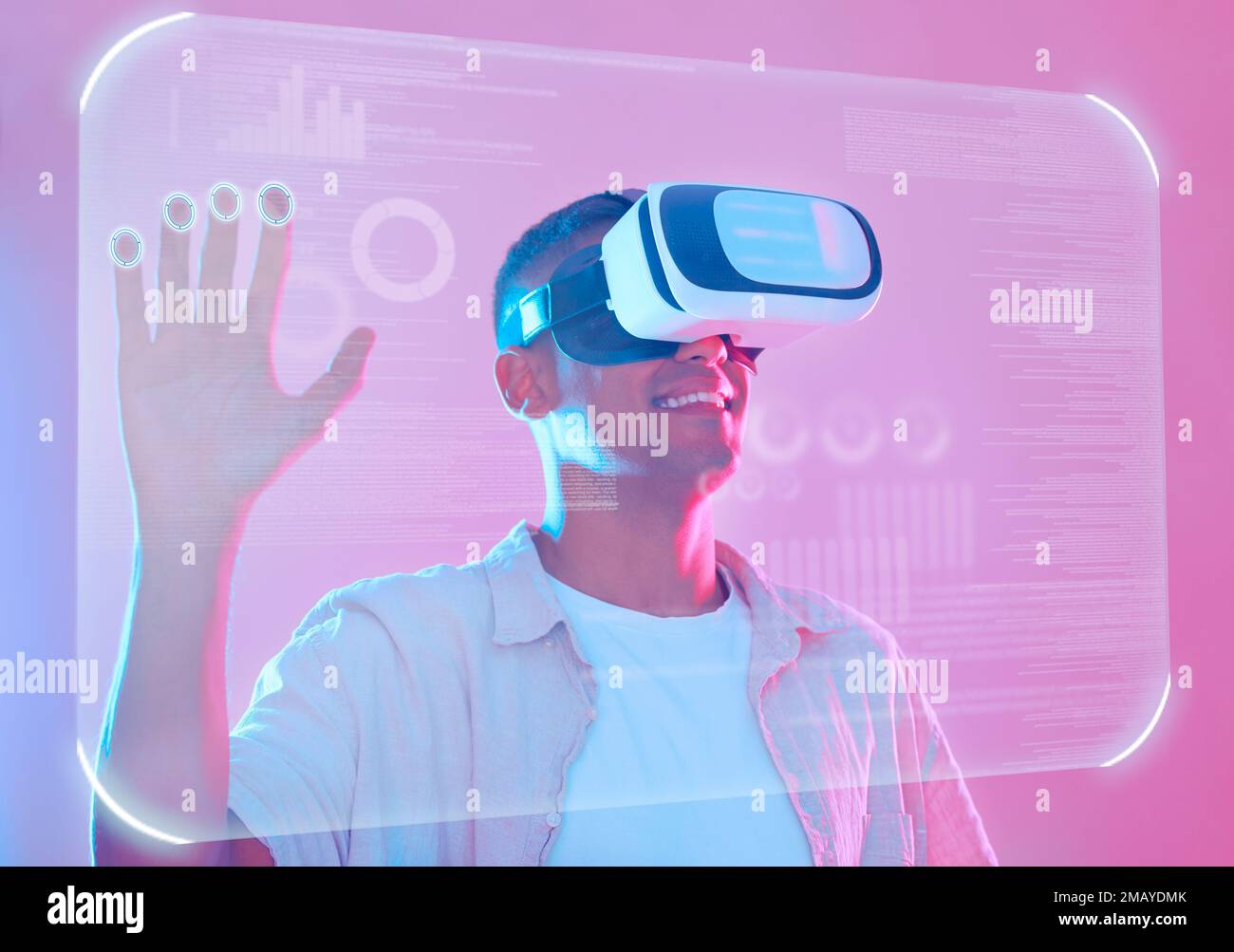 Vr hand, 3d futuristic and man in metaverse exploring a cyber world