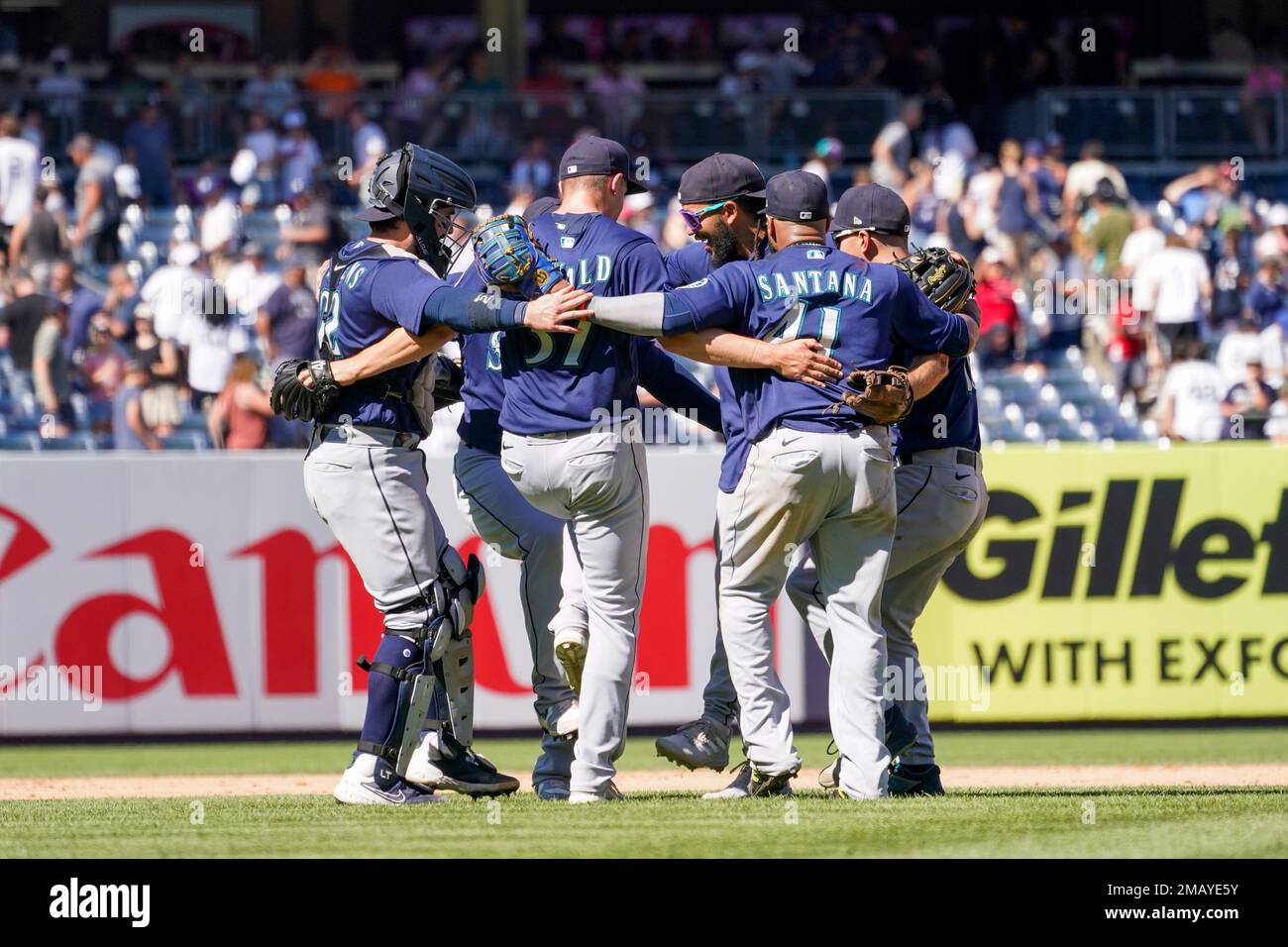 The Seattle Mariners do a dance to celebrate defeating the New York