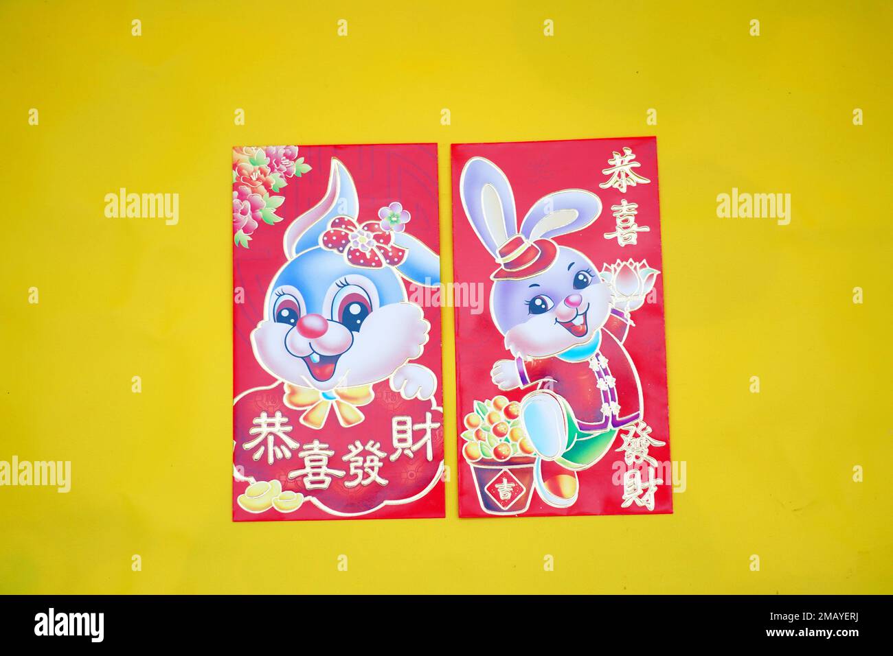 Happy Chinese New Year 2023 red theme. Cartoon happy rabbit