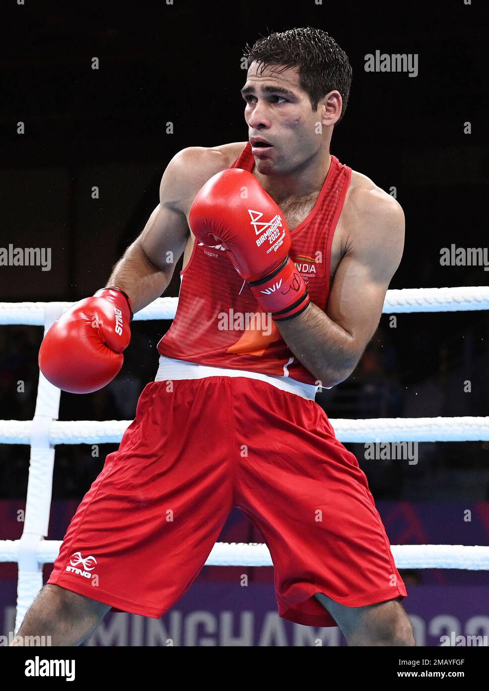 India's Hussam Uddin Mohammed in action during the men's Featherweight