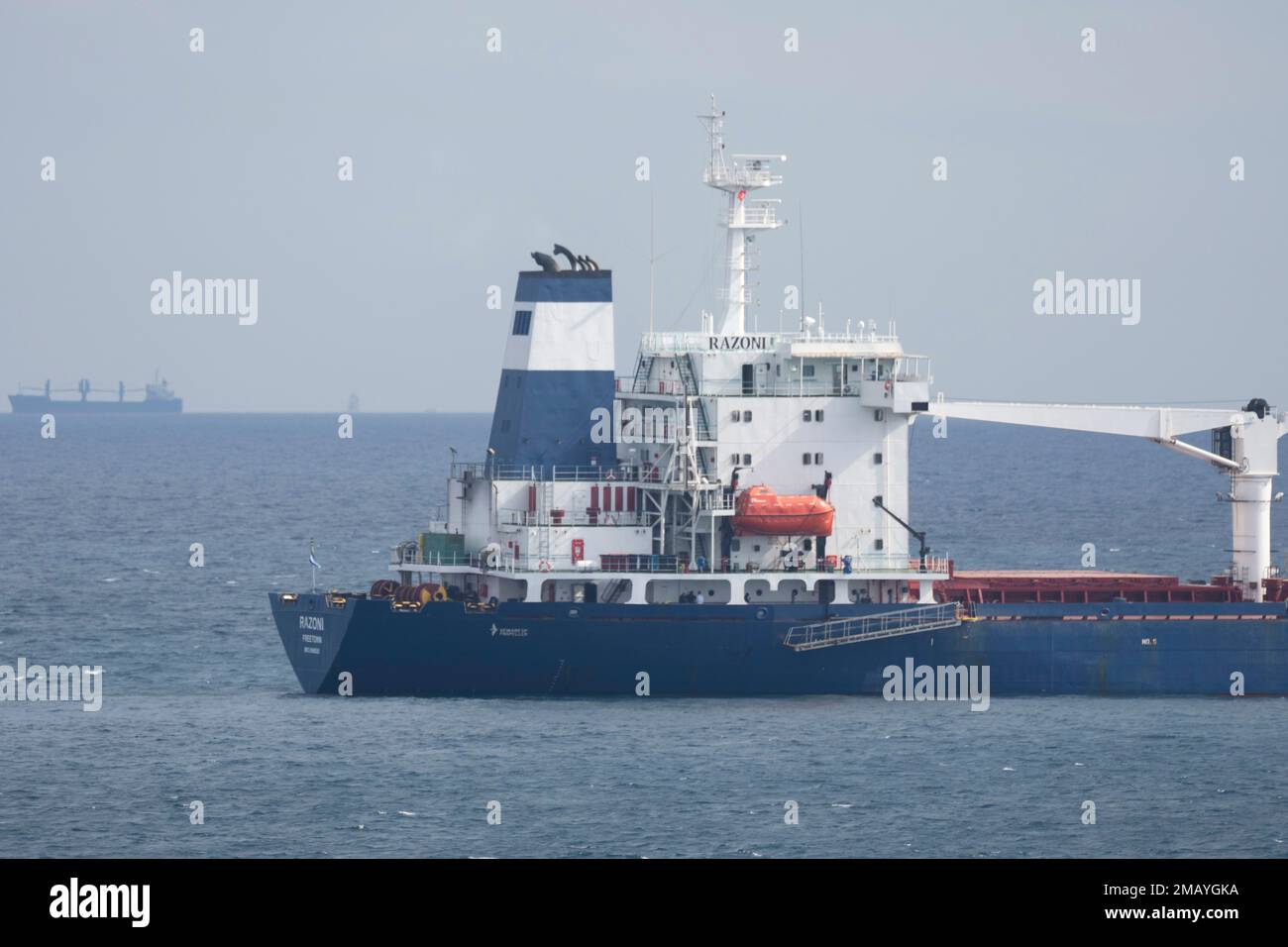 The cargo ship Razoni is anchors at the entrance of the Bosphorus