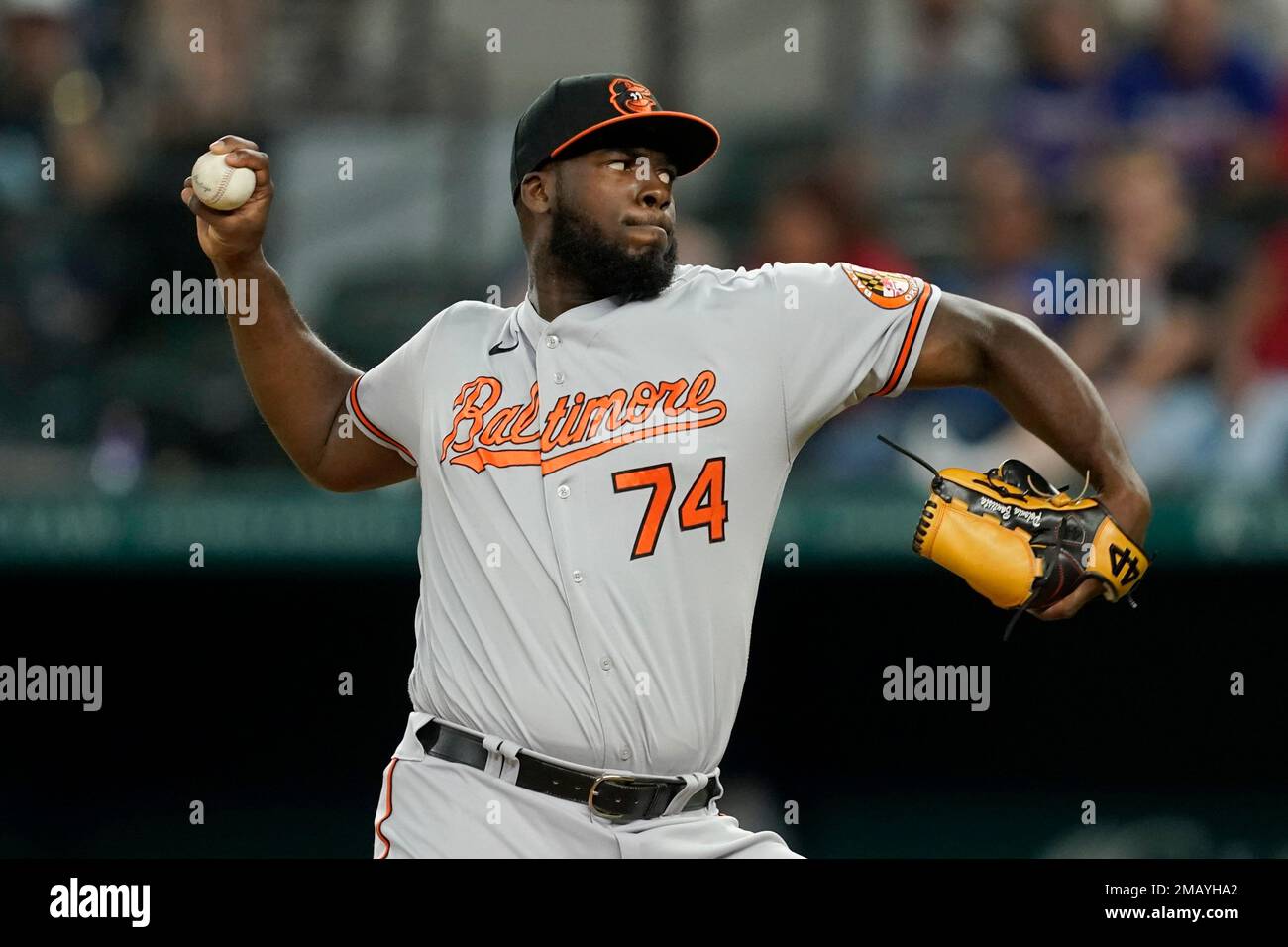Baltimore Orioles relief pitcher Felix Bautista throws to the Texas