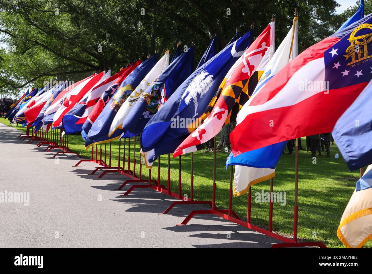 The State Flags are displayed during the II Marine Expeditionary Force Support Battalion change of command ceremony on Camp Lejeune, North Carolina, June 8, 2022. U.S. Marine Corp Lt. Col. Robert Fairley relinquished command of II MSB to Lt. Col. Brian Carthon. Stock Photo
