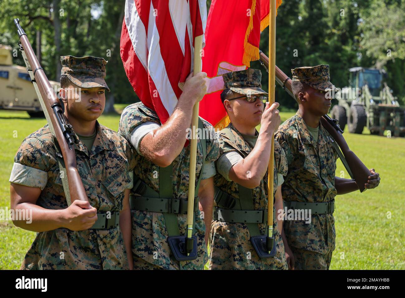 U.S. Marines with the II Marine Expeditionary Force Support Battalion present the colors during the II MSB change of command ceremony on Camp Lejeune, North Carolina, June 8, 2022. During the change of command ceremony, Lt. Col. Robert Fairley relinquished command of II MSB to Lt. Col. Brian Carthon. Stock Photo