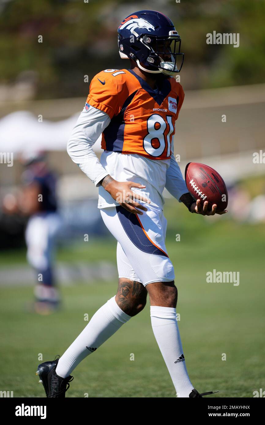 Denver Broncos wide receiver Tim Patrick (81) takes part in drills at an  NFL football training camp Monday, Aug. 2, 2021, at team headquarters in  Englewood, Colo. (AP Photo/David Zalubowski Stock Photo - Alamy