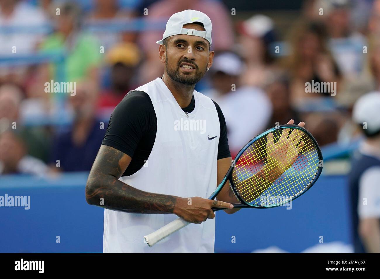 Nick Kyrgios, of Australia, reacts during a match against Marcos Giron