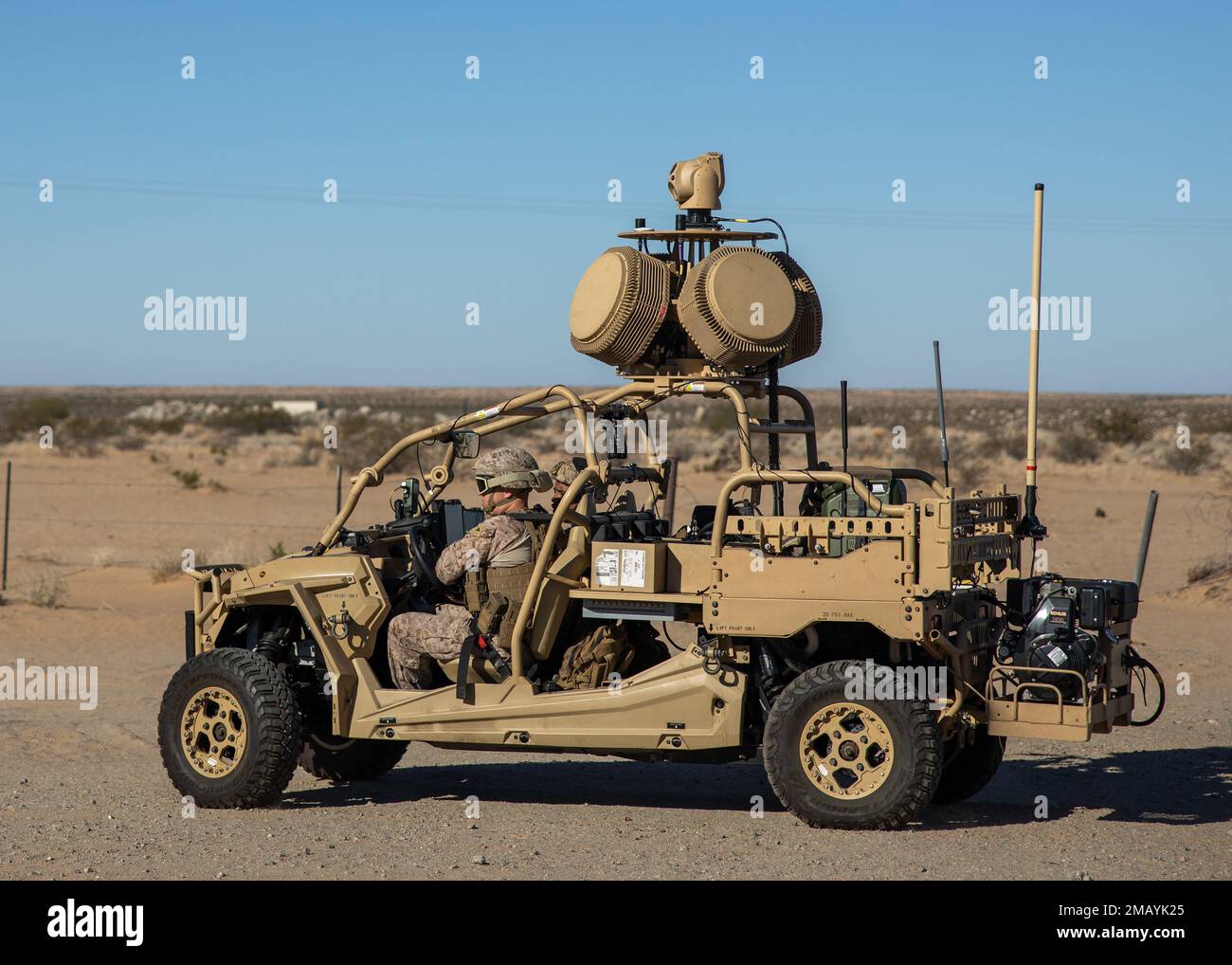 U.S. Marines with Marine Medium Tiltrotor Sqaudron (VMM) 362 (Reinforced), 13th Marine Expeditionary Unit, conduct counter unmanned aerial systems training on a Light Marine Air Defense Integrated System during Realistic Urban Training exercise at Marine Corps Air Station Yuma, Arizona, June 8, 2022. The purpose of RUT is to enhance the integration and collective capability of the MEU's command, air, ground and logisitics elements and prepare the 13th MEU to meet the nation's crisis response needs during its upcoming overseas deployment. Stock Photo
