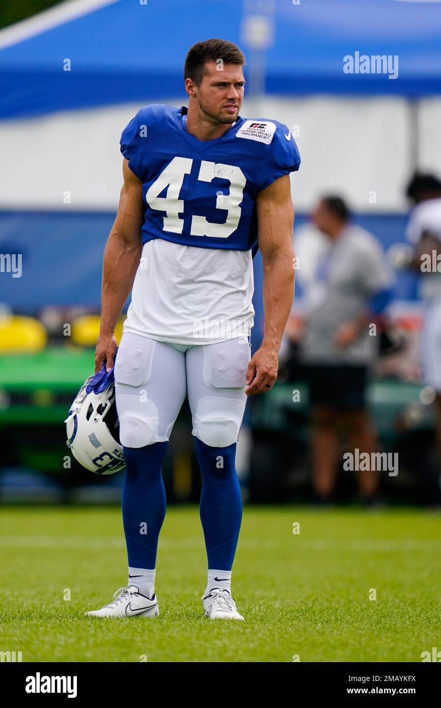 Indianapolis Colts safety Trevor Denbow (43) warms up during practice at  the NFL team's football training camp in Westfield, Ind., Tuesday, Aug. 2,  2022. (AP Photo/Michael Conroy Stock Photo - Alamy