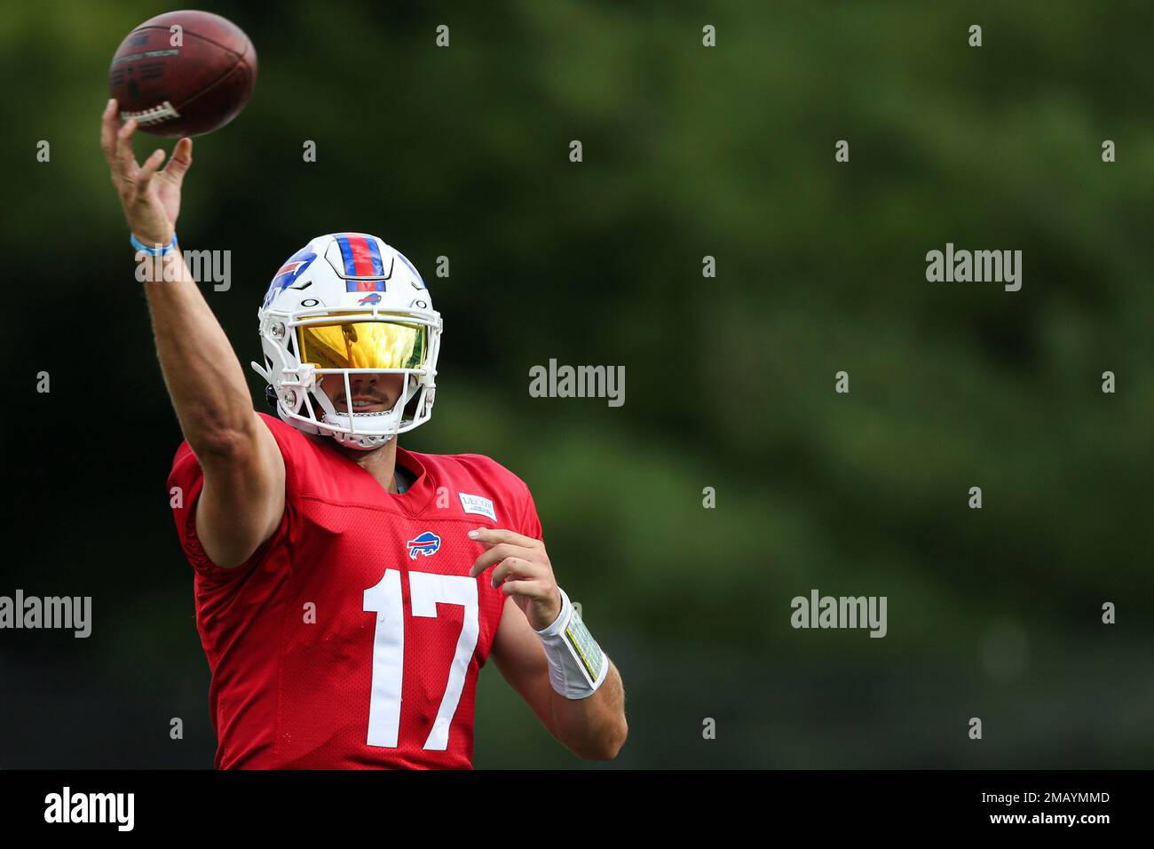 Buffalo Bills quarterback Josh Allen (17) throws during practice at the
